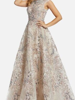 Mac Duggal Blush and Silver Floral Embroidered A-Line Gown